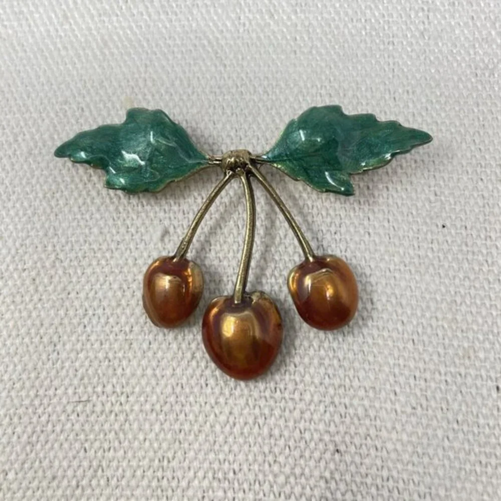 Vintage‎ Cherry Brooch Enameled Rockabilly Kitsch Fruit